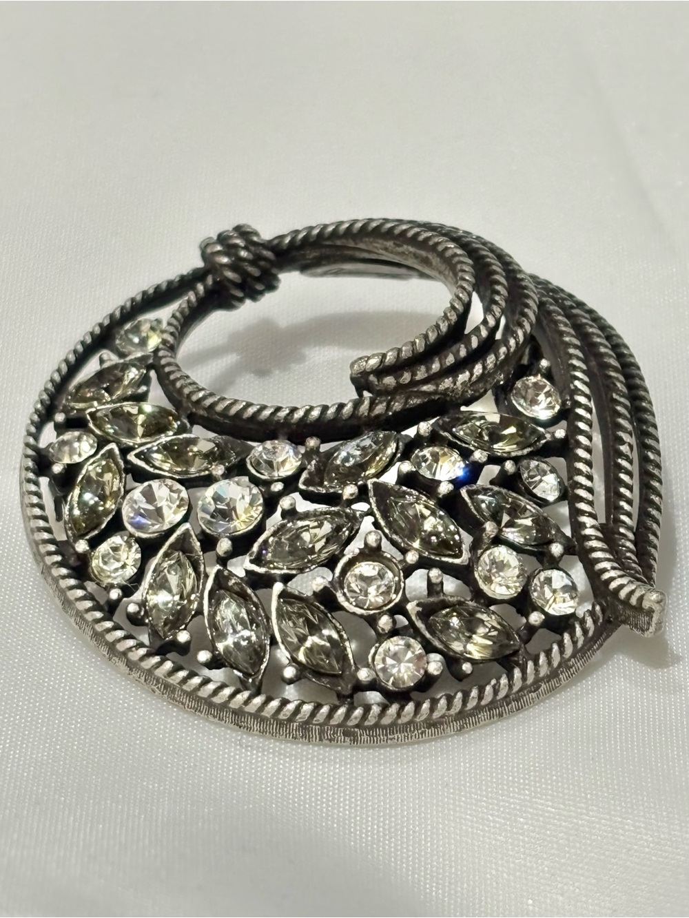 Vintage Bonnie J Smoky & Clear Rhinestone Modernist Circle Brooch Pin SilverTone